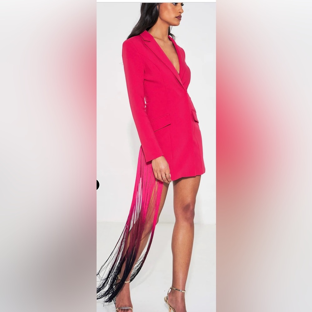 Yelena Ruby Pink Fringe Draping Blazer Dress